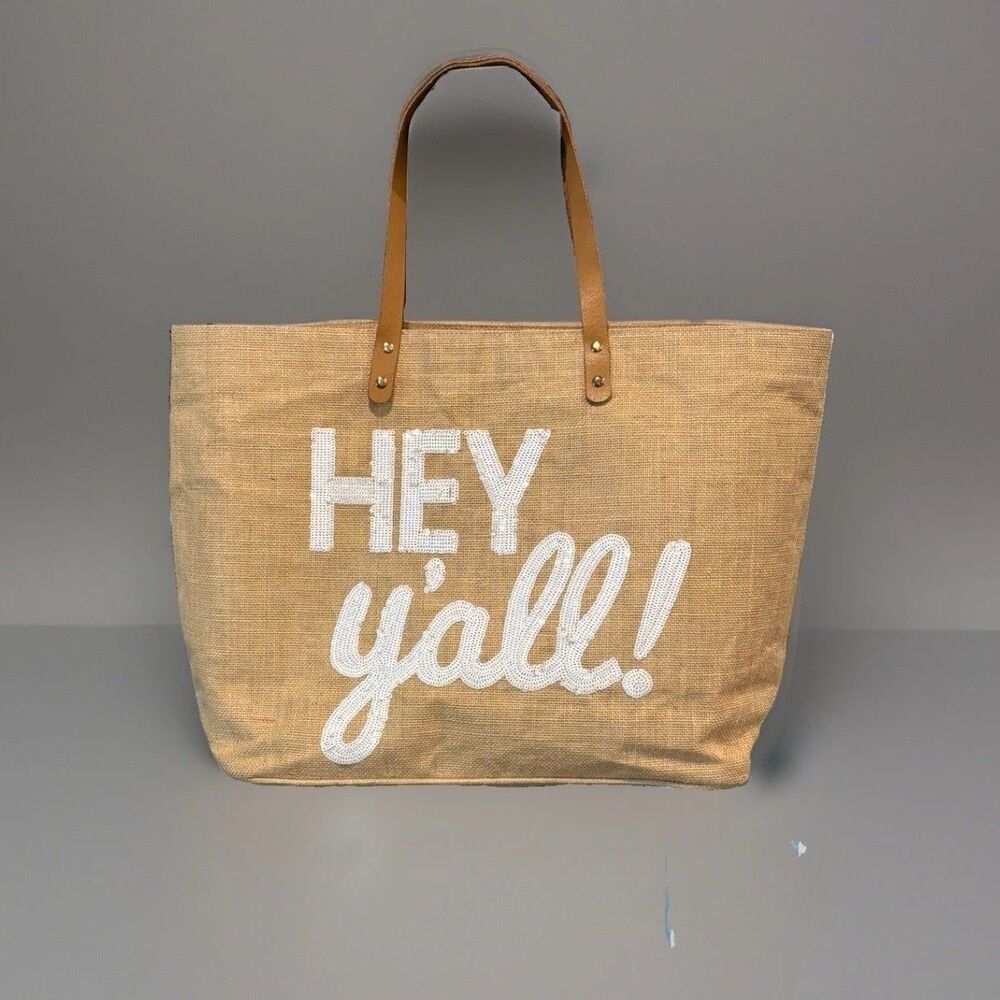 Mud Pie “Hey Y’all” Jute Tote Beach Bag Burlap ~Tan ~ 21”X14”